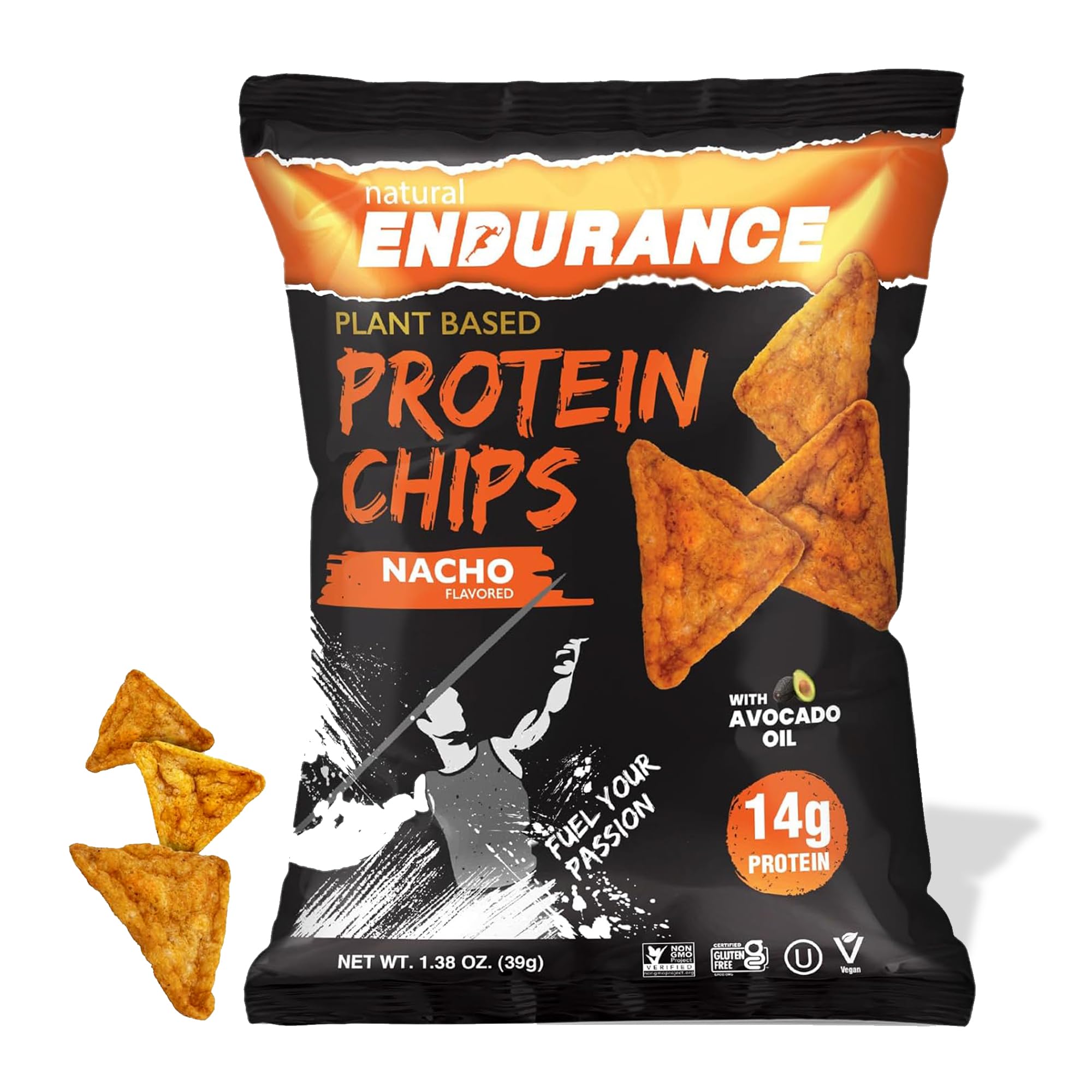 Natural Endurance Nacho Chips pack 12 bags, convenient high-protein snack for on-the-go.