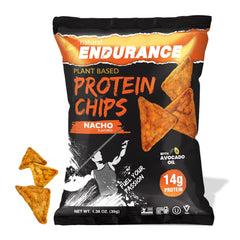 Natural Endurance Nacho Chips pack 12 bags, convenient high-protein snack for on-the-go.