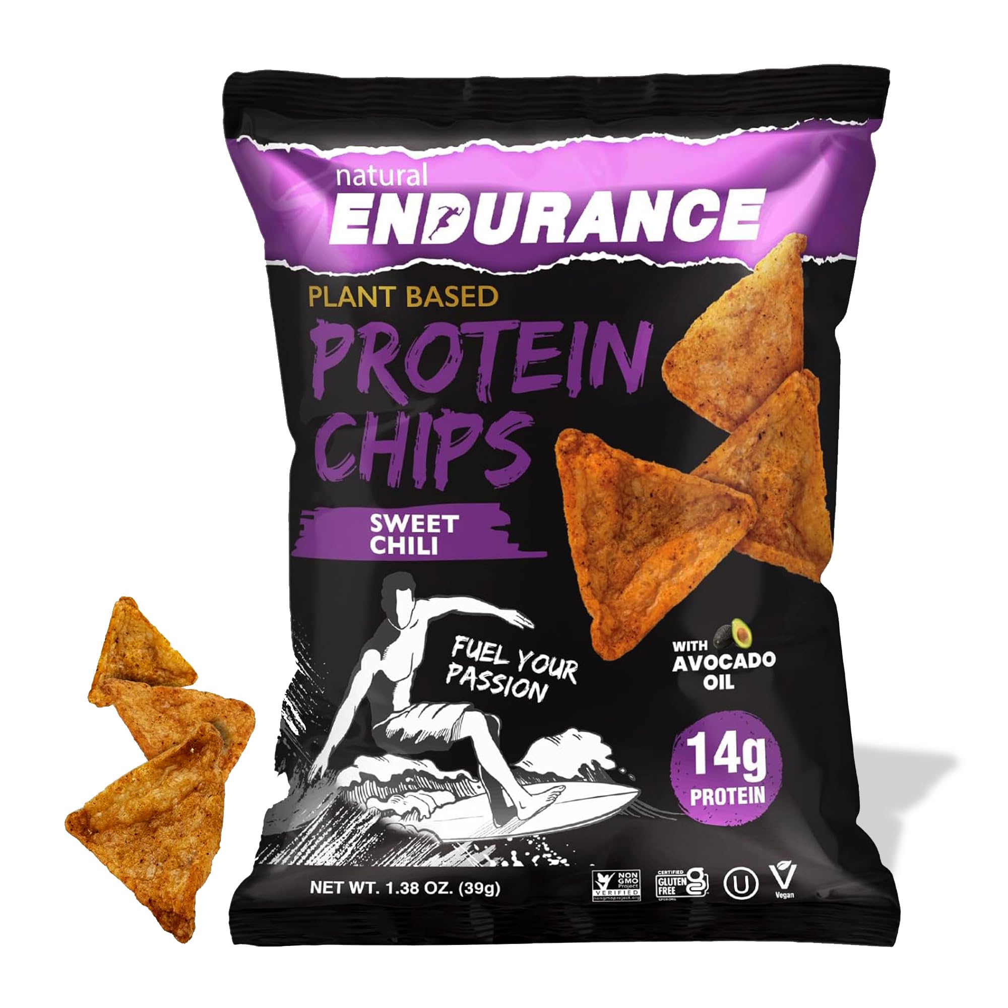 Natural Endurance Protein Chips bag front in Sweet Chili flavor for on-the-go snacking