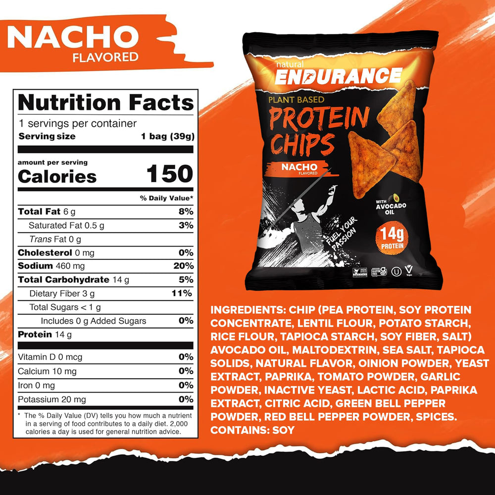 Natural Endurance protein chips with peas and lentils deliver fiber-rich crunch.
