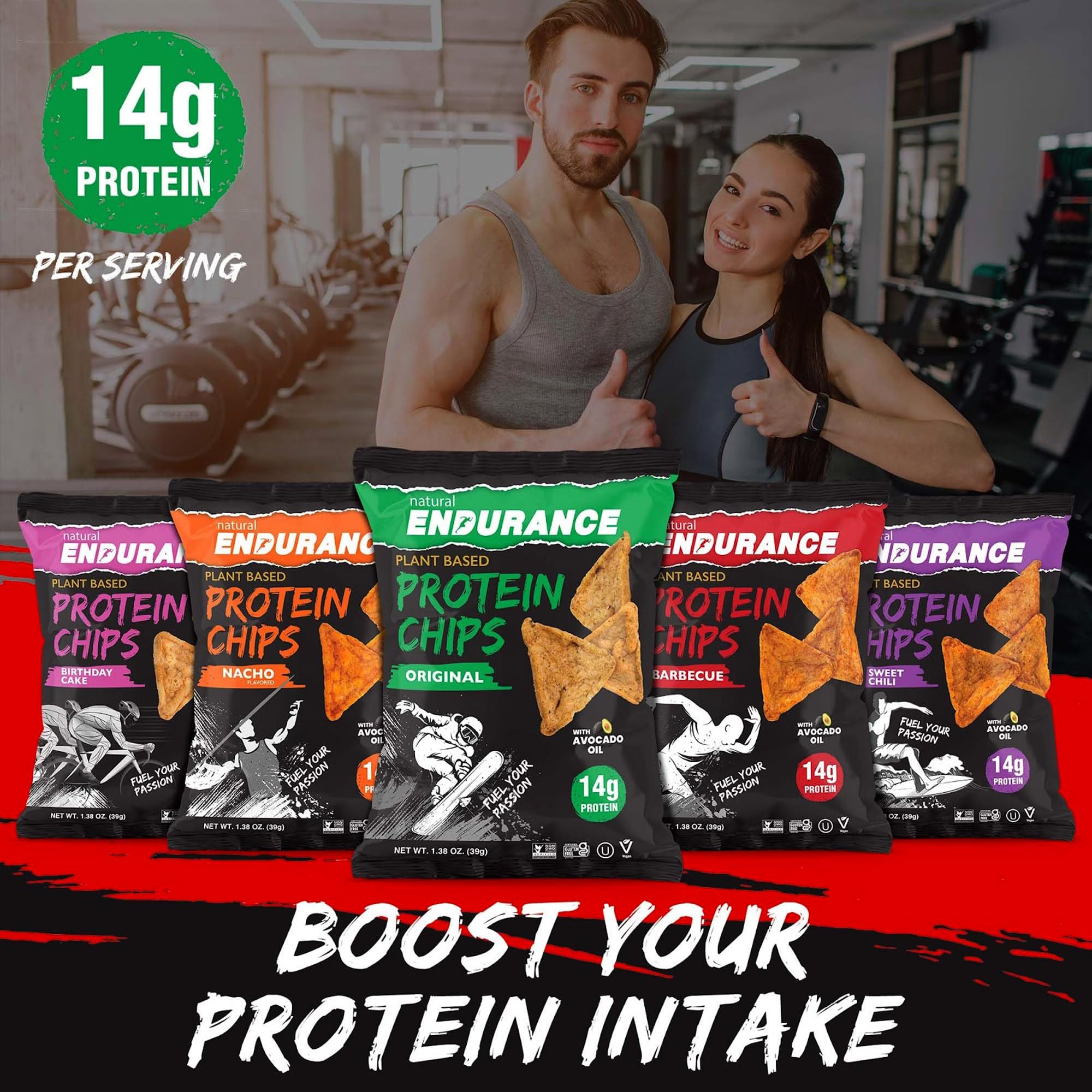 Natural Endurance Protein Chips nutrition facts label highlights 14g protein
