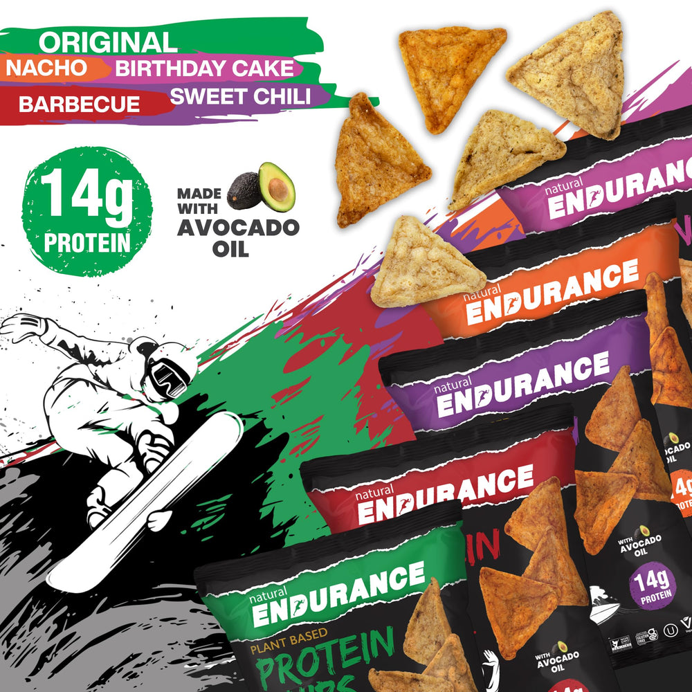 Natural Endurance Birthday Cake chips shown for a dessert-inspired protein crunch