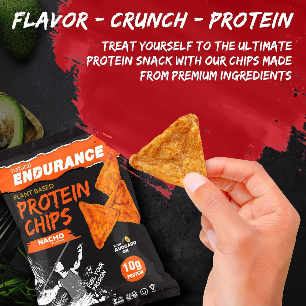Natural Endurance Protein Chips Nacho bag with bold flavor and plant-based protein