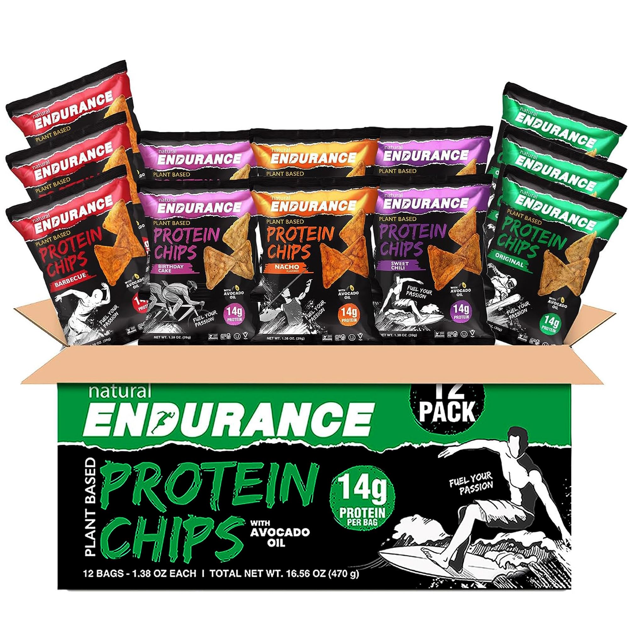 Natural Endurance Protein Chips Original bag open for quick, high-protein snack on the go