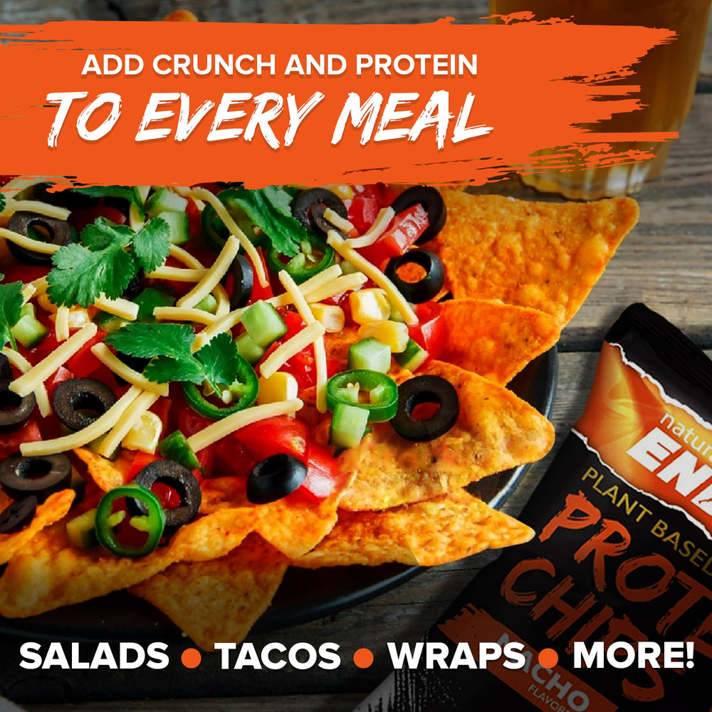 Natural Endurance Protein Chips vegan avocado oil highlight, clean tasting oil balance.