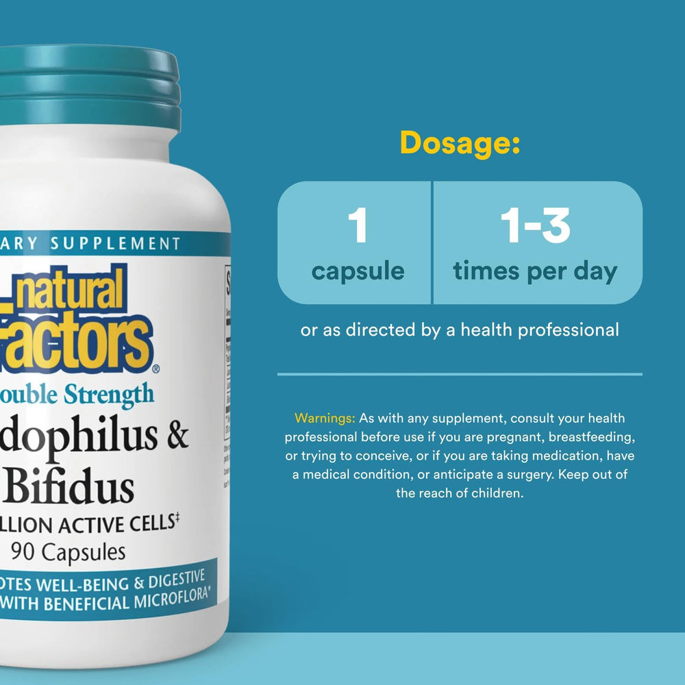 Natural Factors Acidophilus & Bifidus capsules for convenient daily probiotic support.