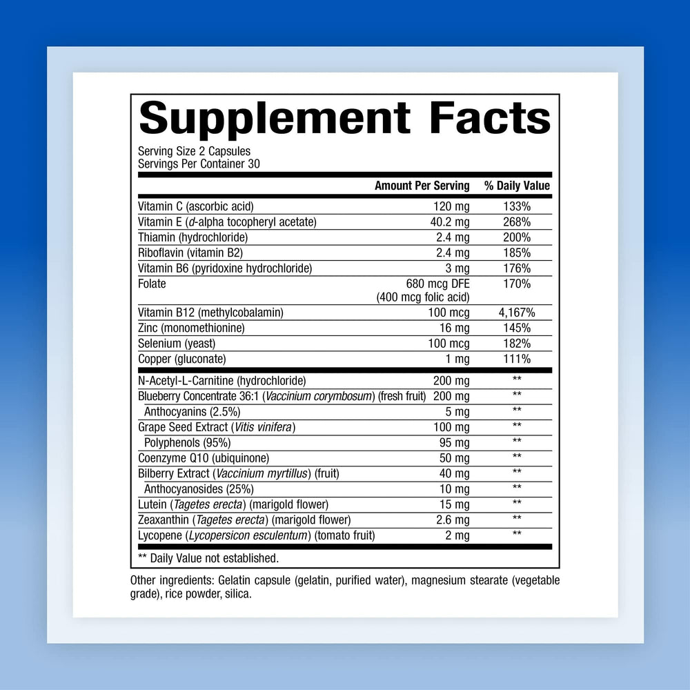 Close-up of Advanced Eye Factors capsules showing lutein and zeaxanthin
