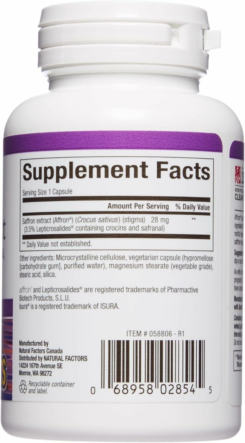 Natural Factors Affron saffron capsules arranged on white background for daily stress relief.