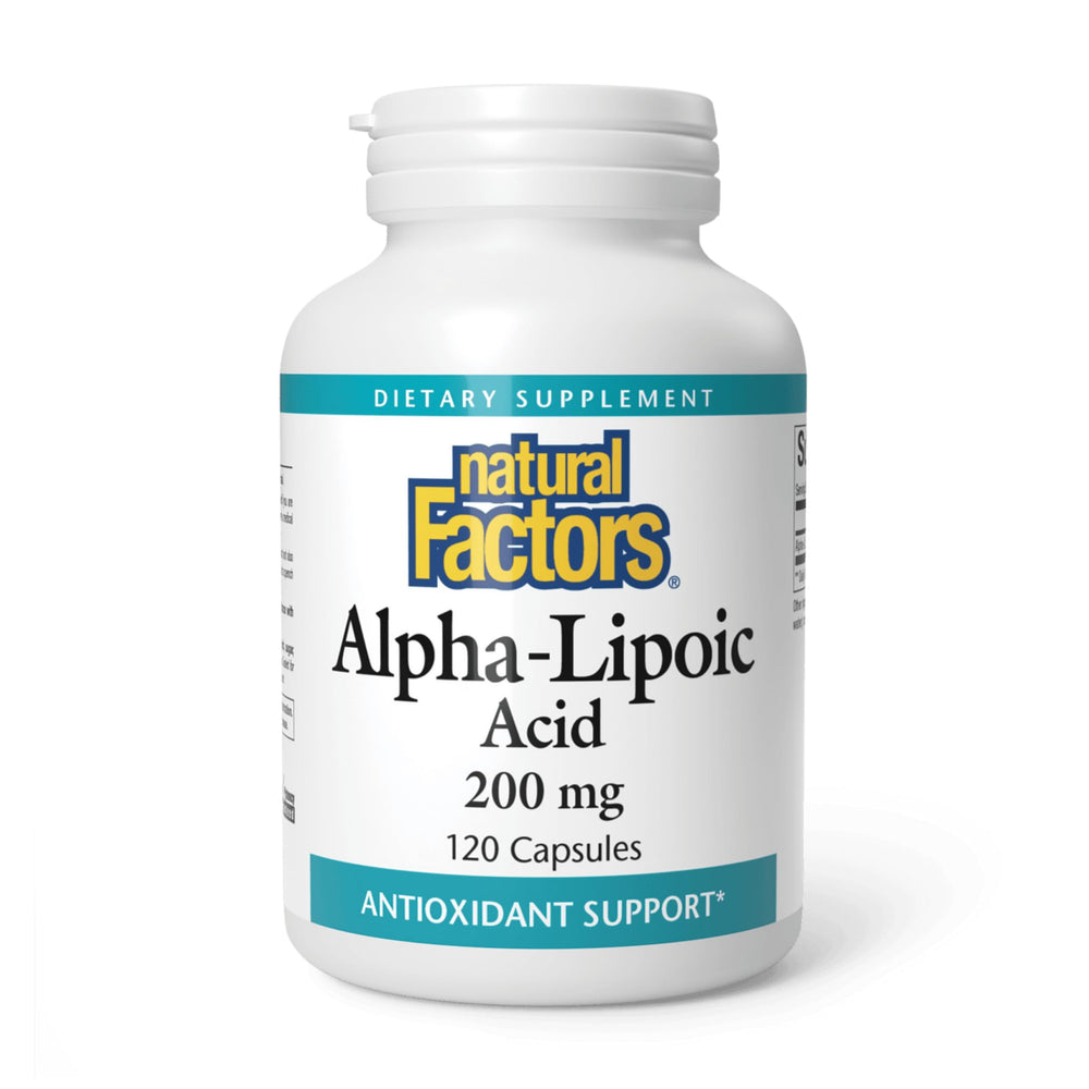 Natural Factors Alpha-Lipoic Acid 200 mg bottle front highlights antioxidant support.