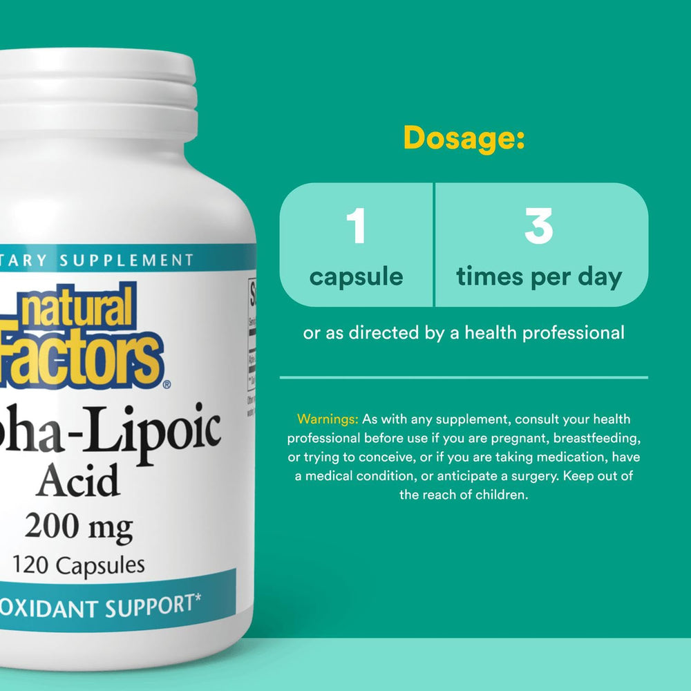 Natural Factors Alpha-Lipoic Acid 200 mg label detail emphasizes purity and non-GMO integrity.