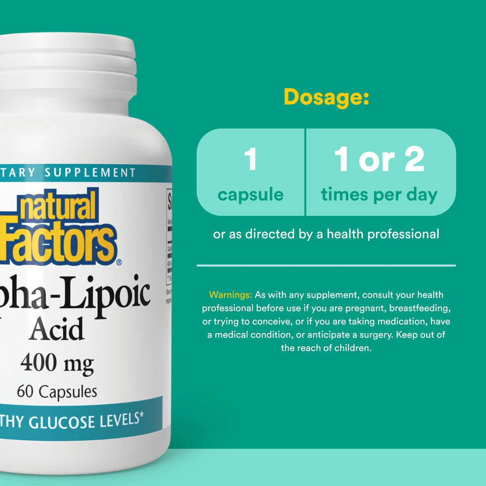 Natural Factors Alpha-Lipoic Acid capsules arranged to illustrate fat- and water-soluble protection.