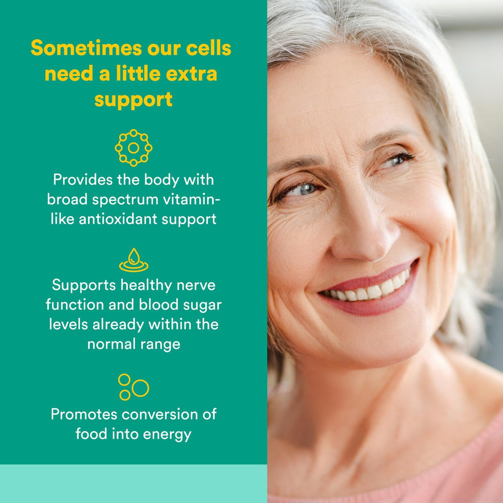 Natural Factors Alpha-Lipoic Acid label close-up highlighting antioxidant benefits.