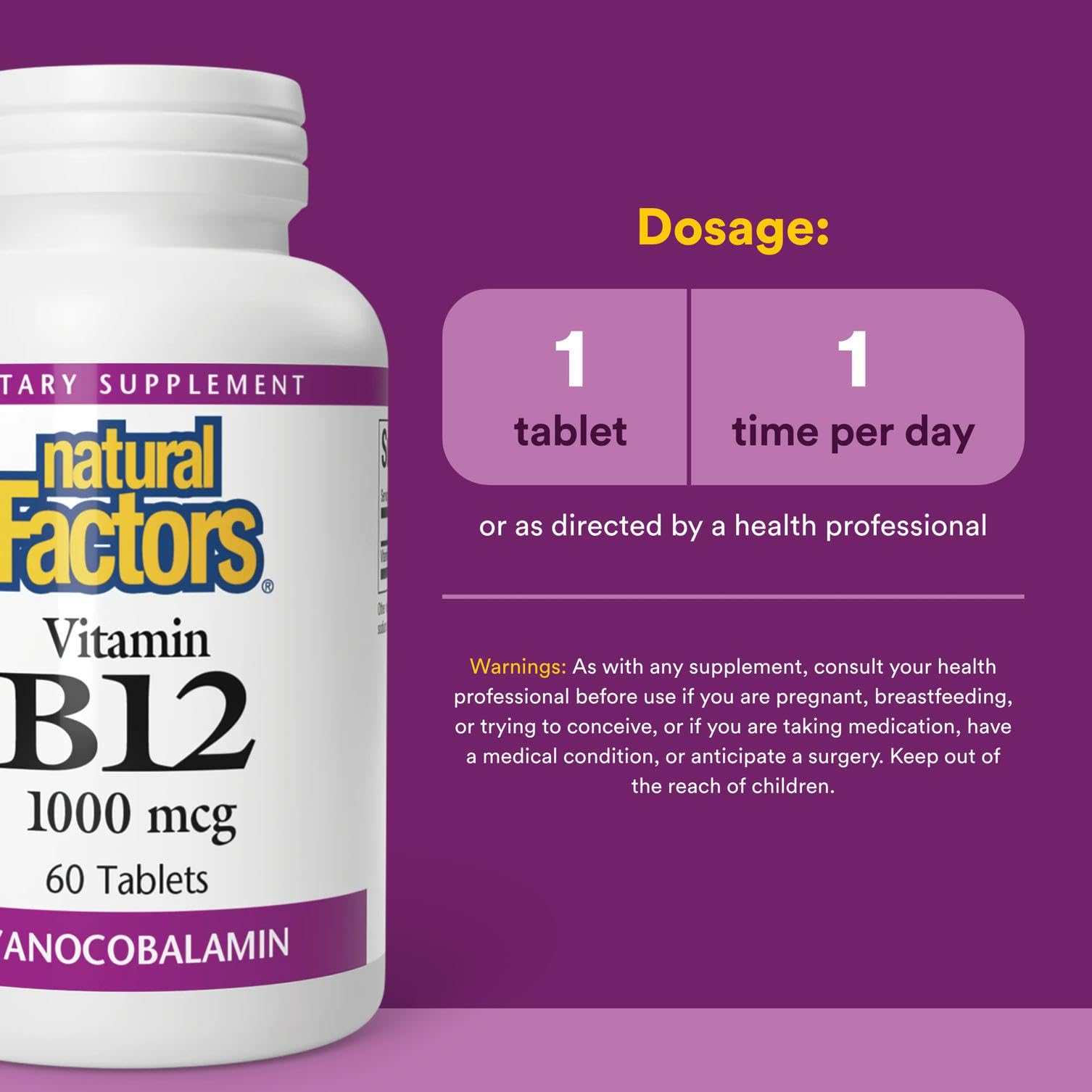 Natural Factors B12 1000 mcg tablets serving size graphic for daily intake.