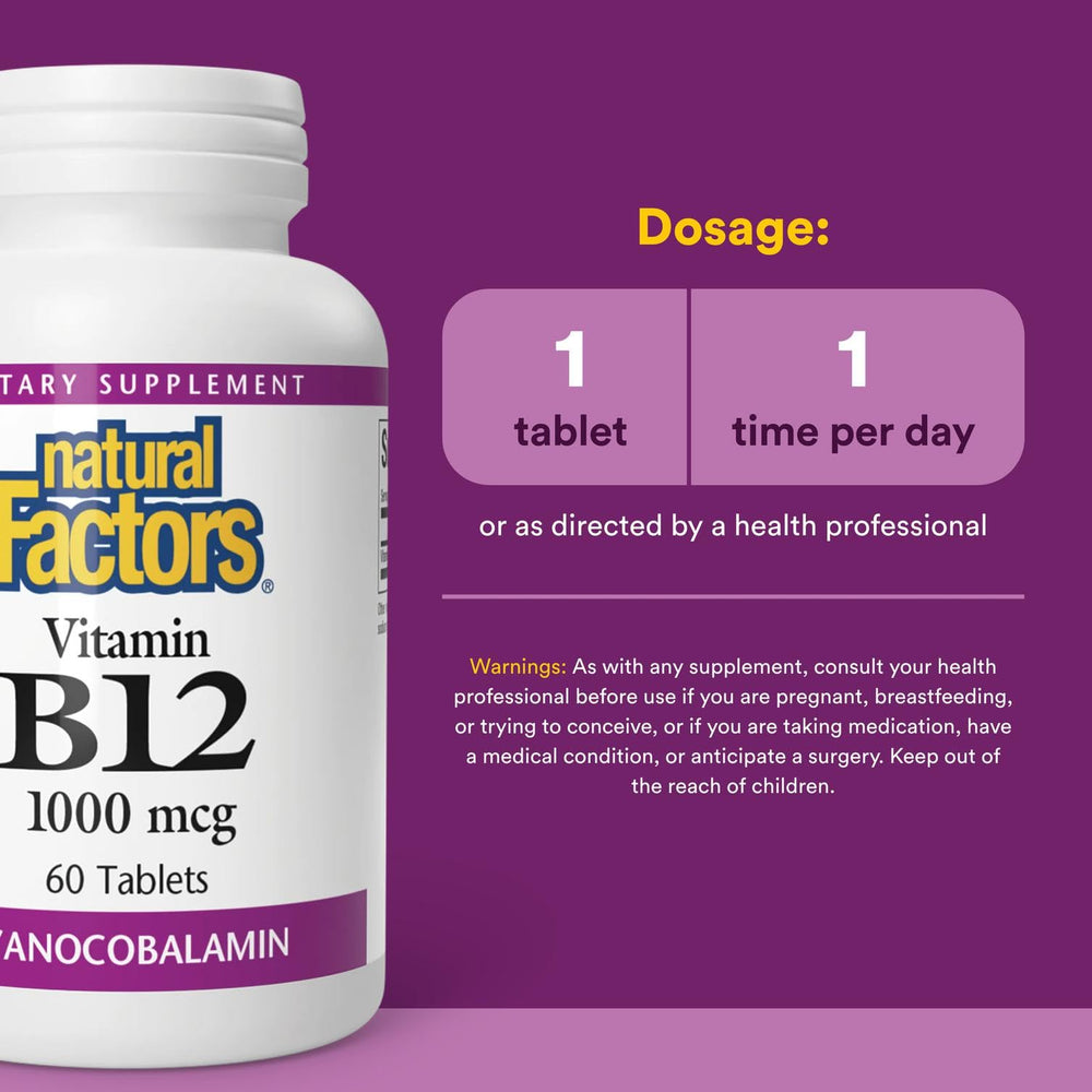 Natural Factors B12 1000 mcg tablets serving size graphic for daily intake.