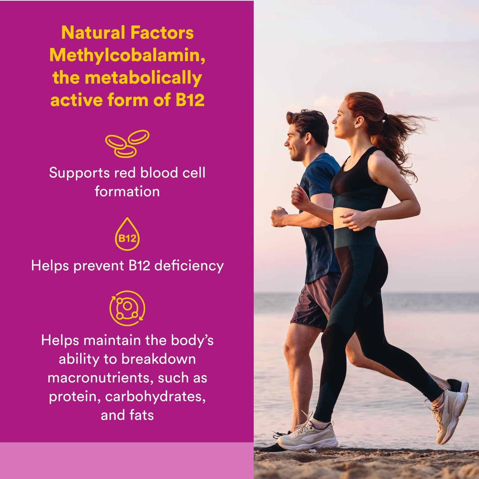 Natural Factors B12 methylcobalamin 1000 mcg cherry flavored chewables provide easy intake.