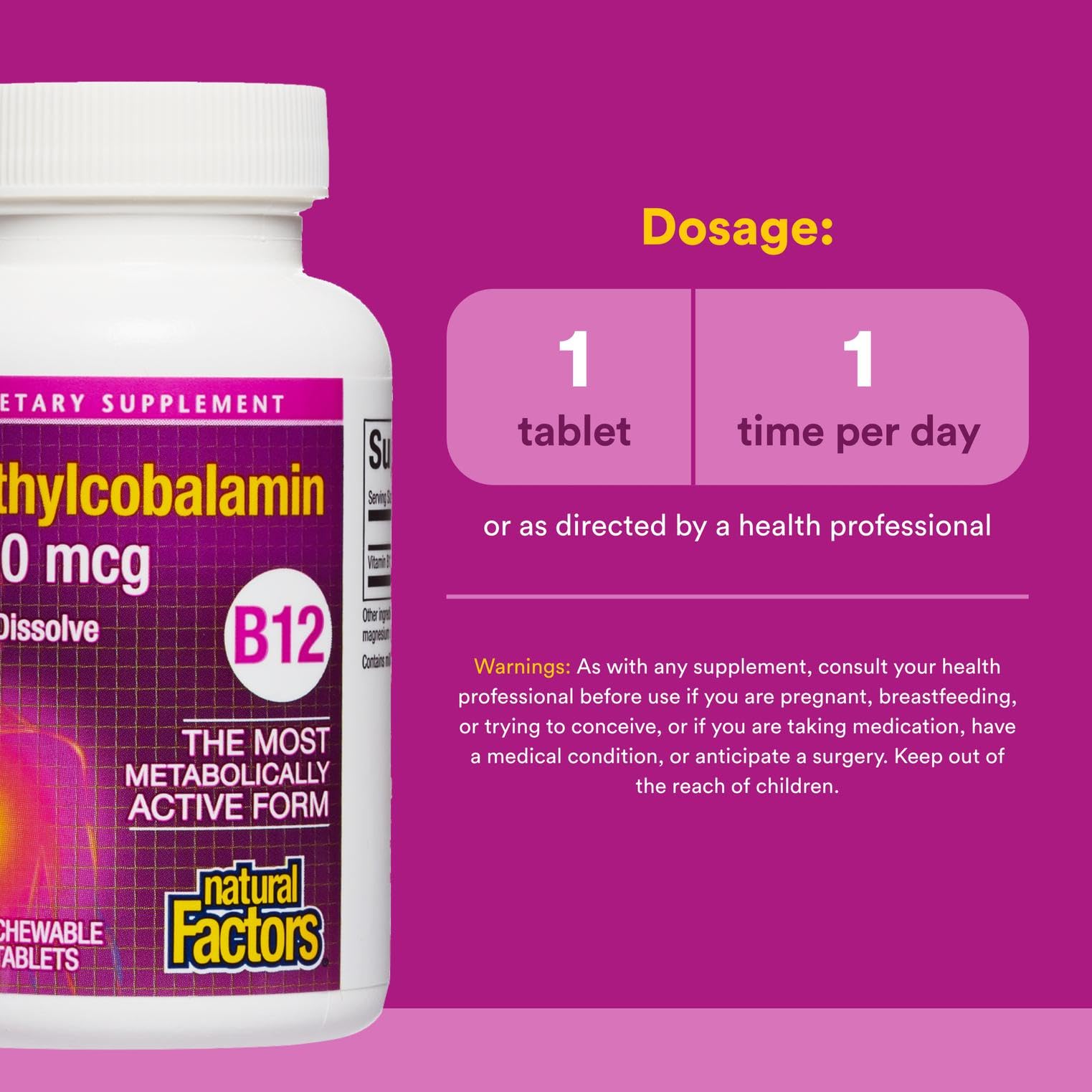 Natural Factors B12 methylcobalamin 1000 mcg quick dissolve formula for fast absorption.