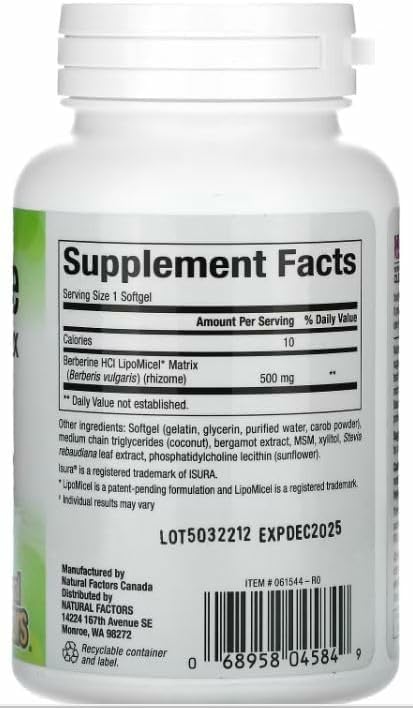 Natural Factors Berberine Lipomicel label detail highlights 500 mg per capsule.