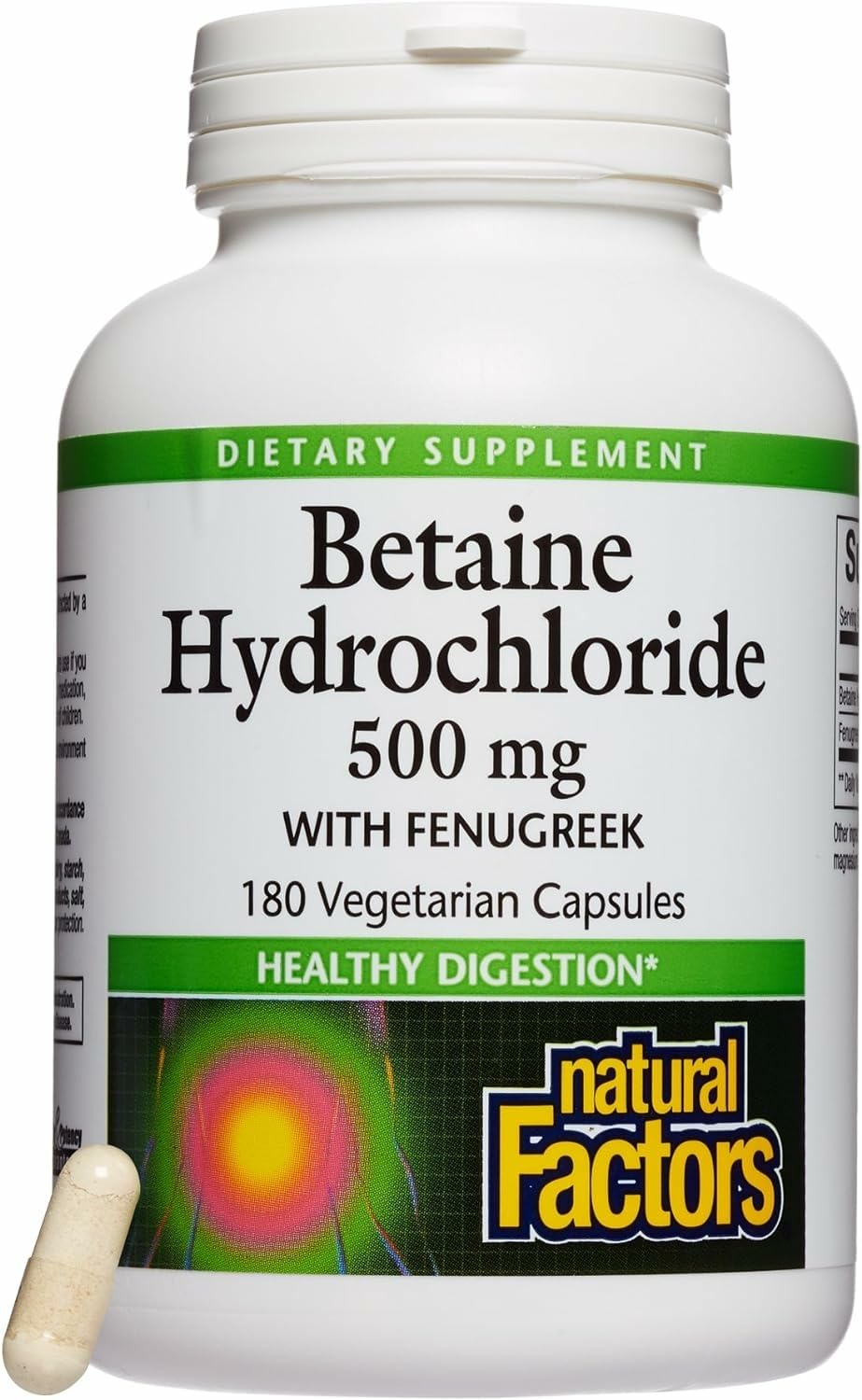 Natural Factors Betaine HCL 500 mg bottle shown for digestion support.