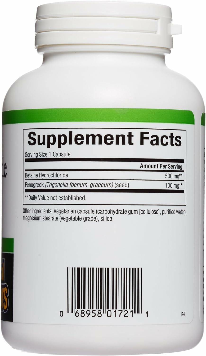 Capsules of Natural Factors Betaine HCL 500 mg close-up for easy daily digestion.