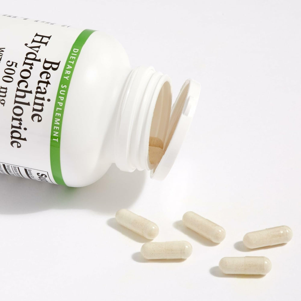 Natural Factors Betaine HCL label with non-GMO status and farm origin details.