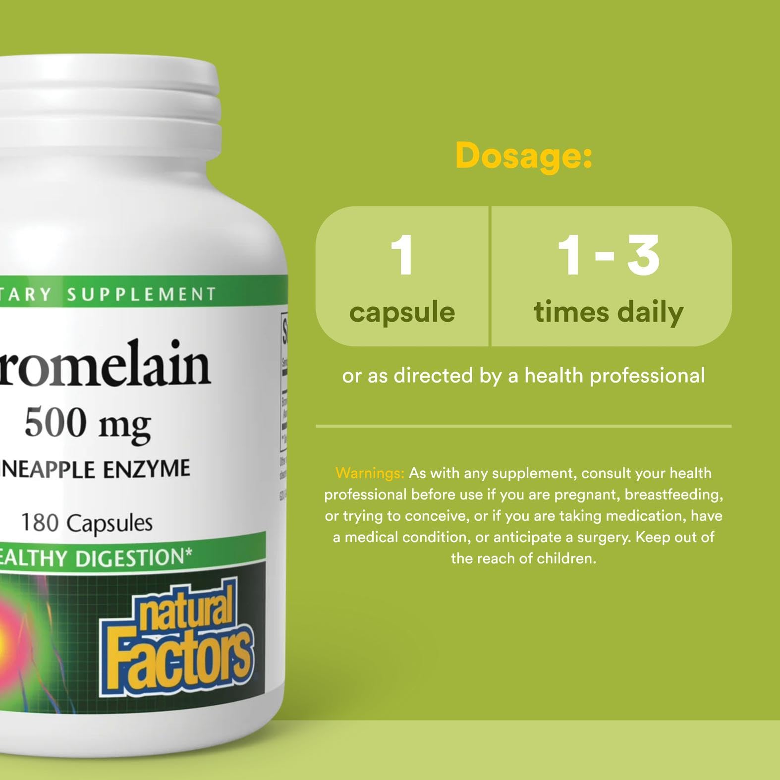 Natural Factors Bromelain 500 mg bottle with capsules ready for daily use