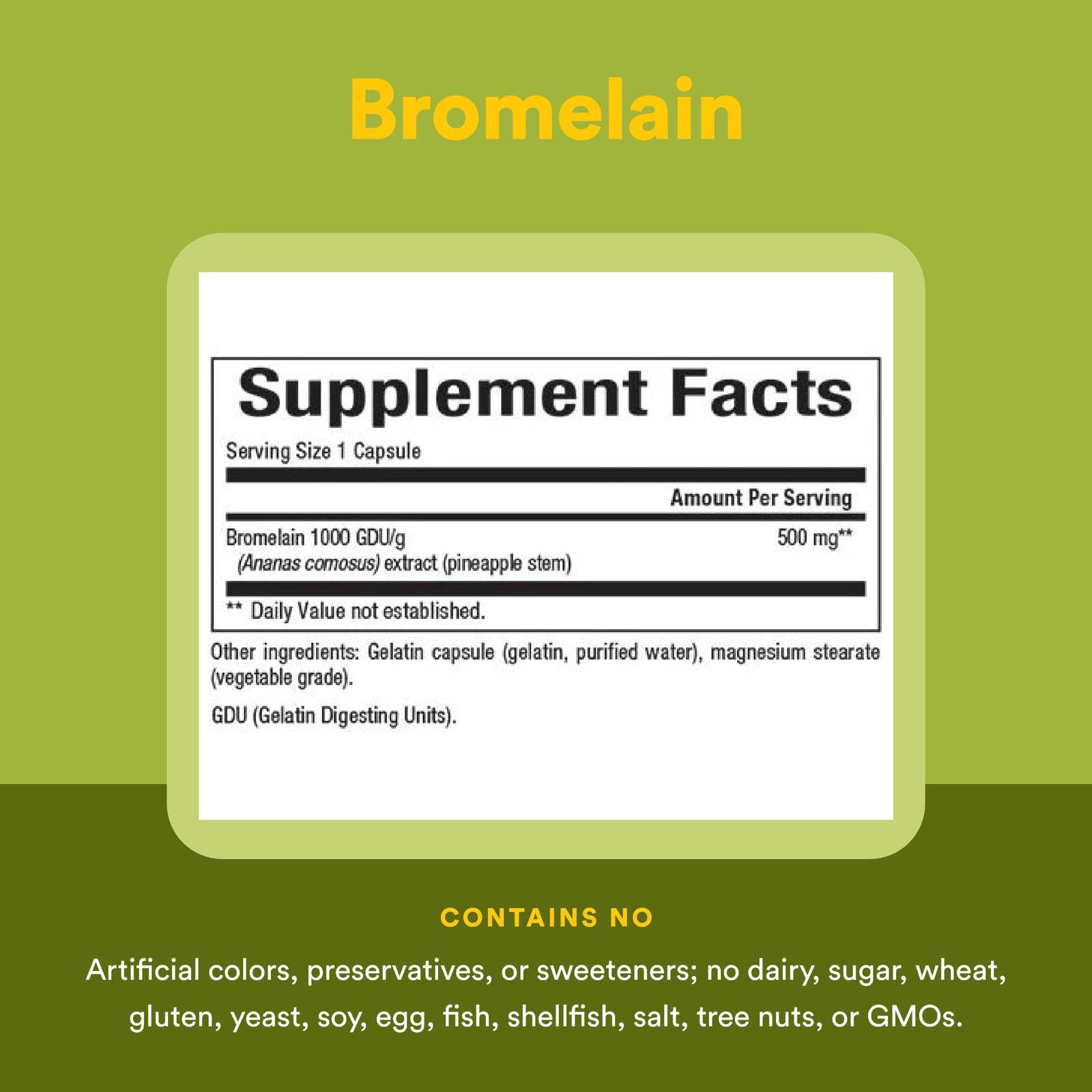 Natural Factors Bromelain 500 mg packaging shows nutrition facts for absorption support
