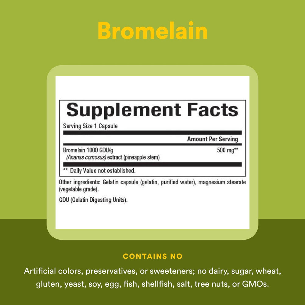Natural Factors Bromelain 500 mg packaging shows nutrition facts for absorption support