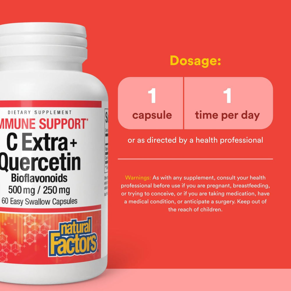 Natural Factors C Extra Quercetin label reading highlights vegan, non-GMO formulation.