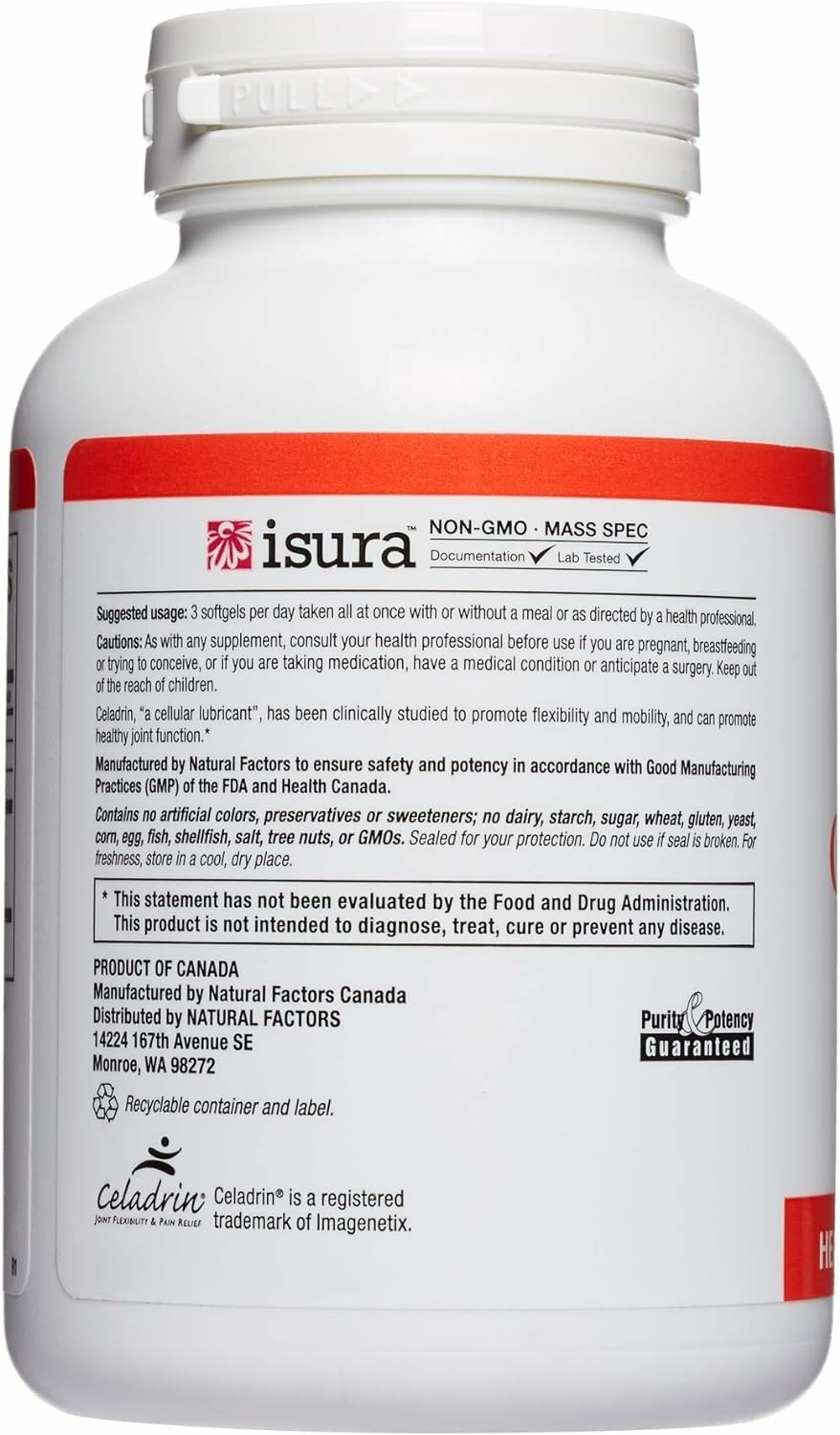 Natural Factors Celadrin dosage guide shows three softgels per day.
