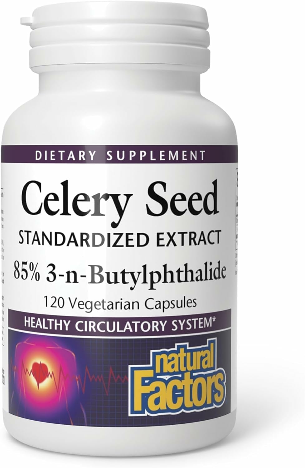 Natural Factors Celery Seed bottle on wood shows daily circulation support.