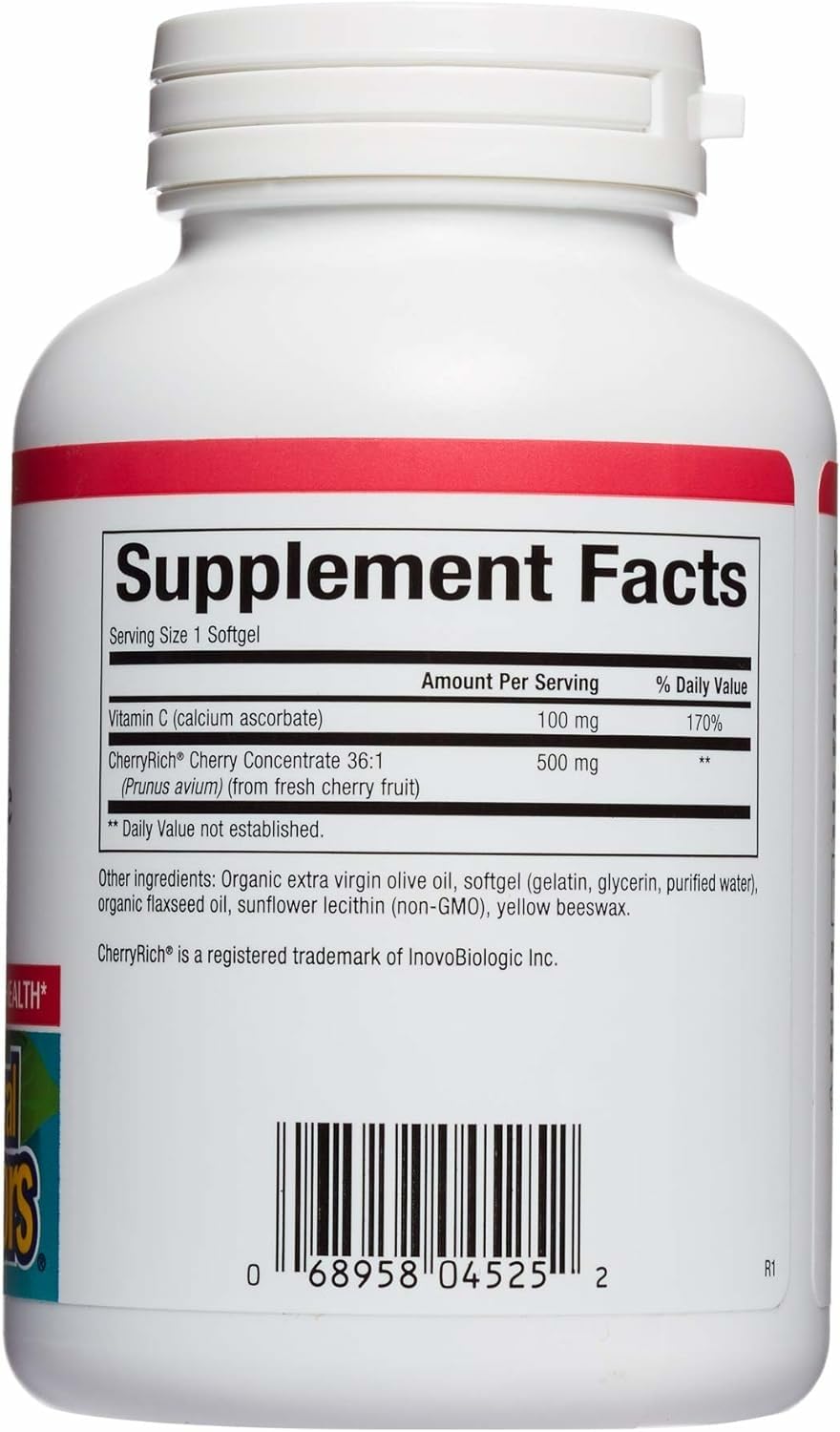 Natural Factors CherryRich bottle side highlights 90 softgels for daily antioxidant support.