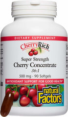 Natural Factors CherryRich ingredients label confirms GMO-free status and contaminant testing for trustworthy use.