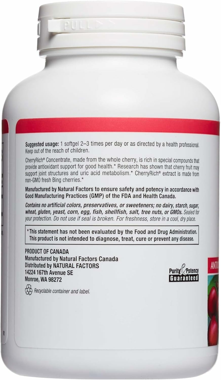 Natural Factors CherryRich softgels closeup emphasizes potent 36:1 cherry extract for antioxidant support.