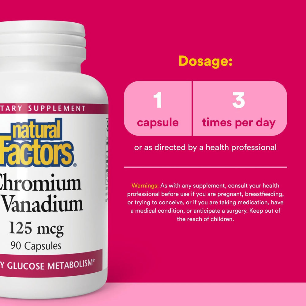 Natural Factors Chromium & Vanadium label emphasizing key minerals.