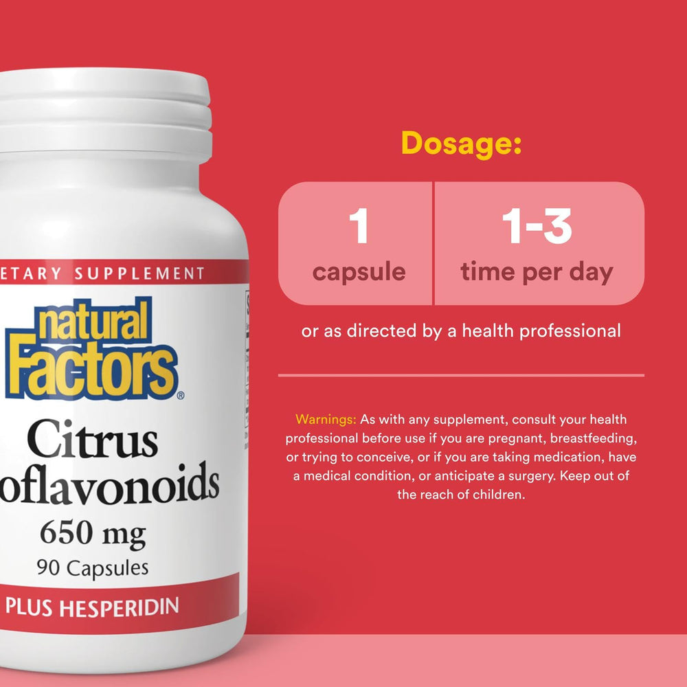 Close-up of Natural Factors Citrus Bioflavonoids label with organic sourcing emphasis.