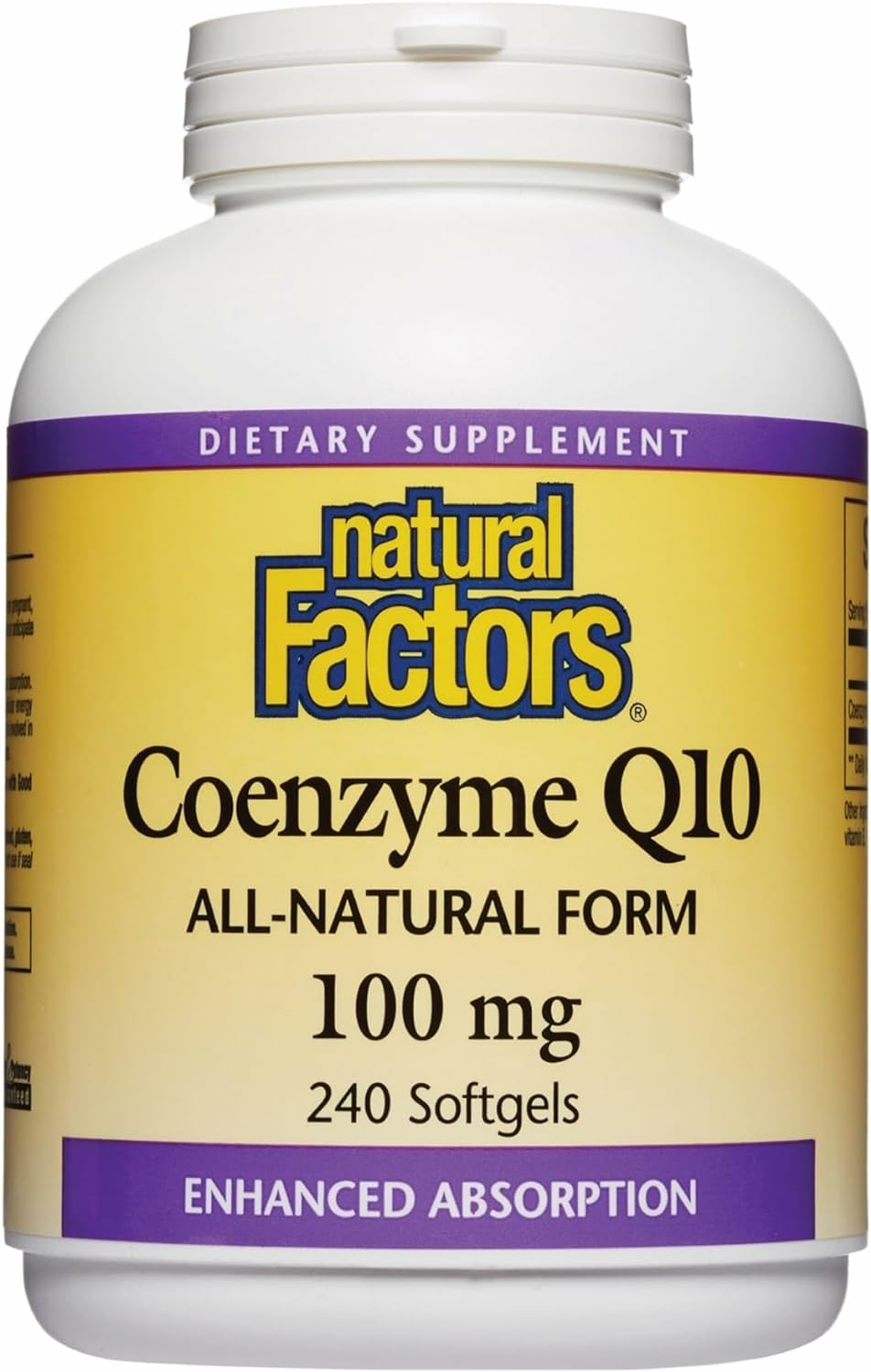 Natural Factors CoQ10 softgel bottle showing the high-absorption formula for energy support.