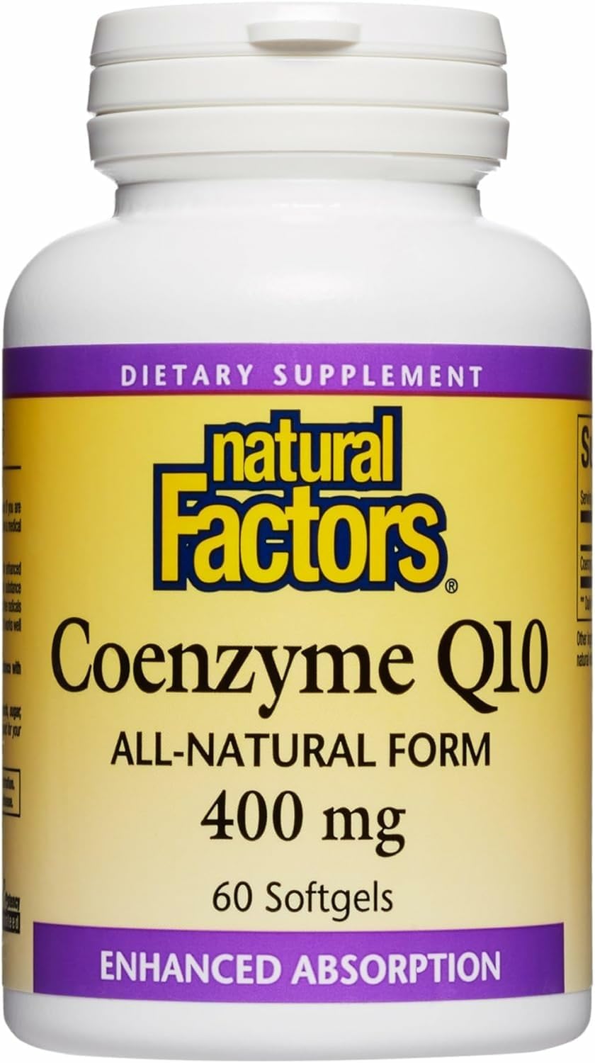 Natural Factors Coenzyme Q10 softgels bottle displayed for easy daily energy support.