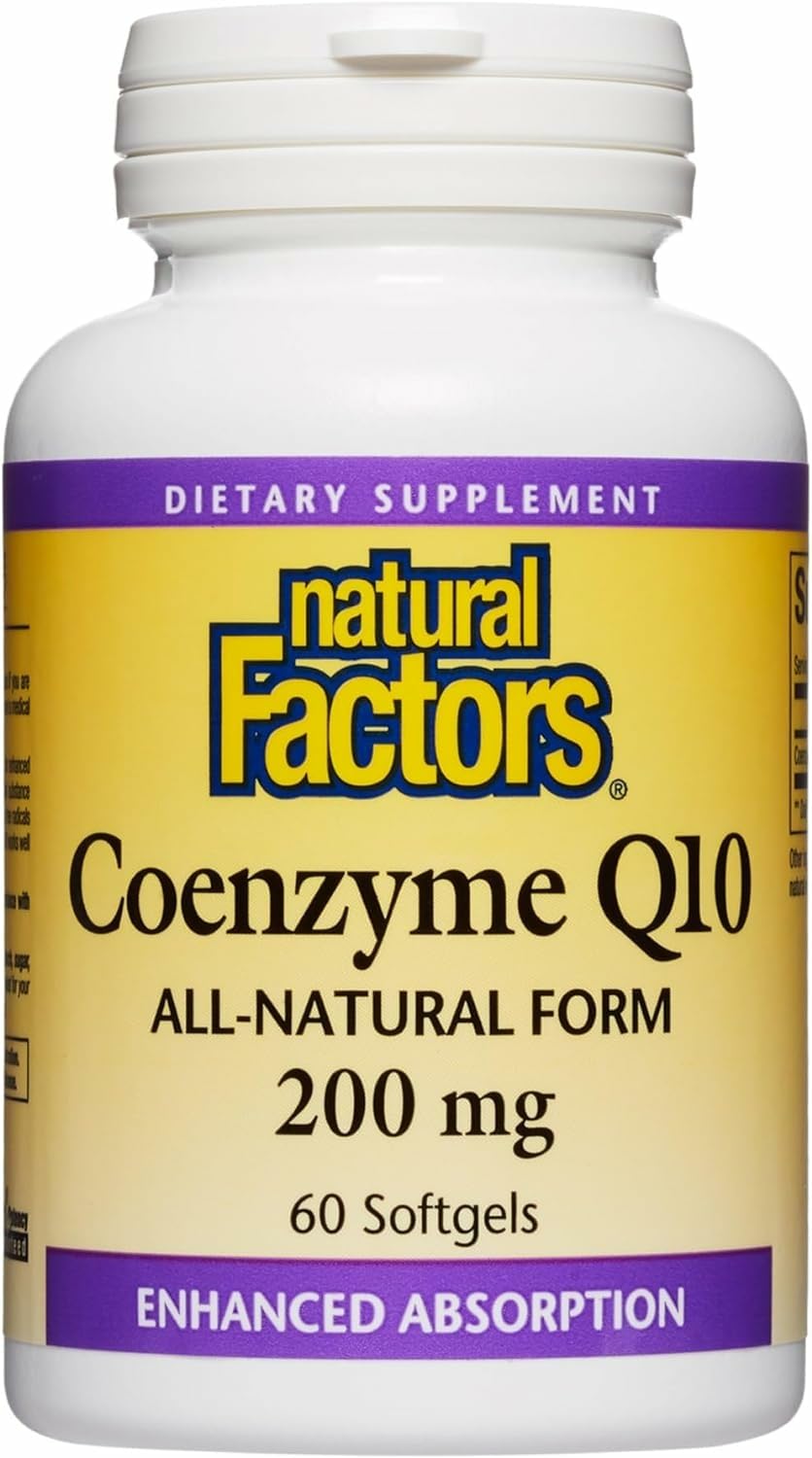 Natural Factors CoQ10 softgels in bottle support energy production.
