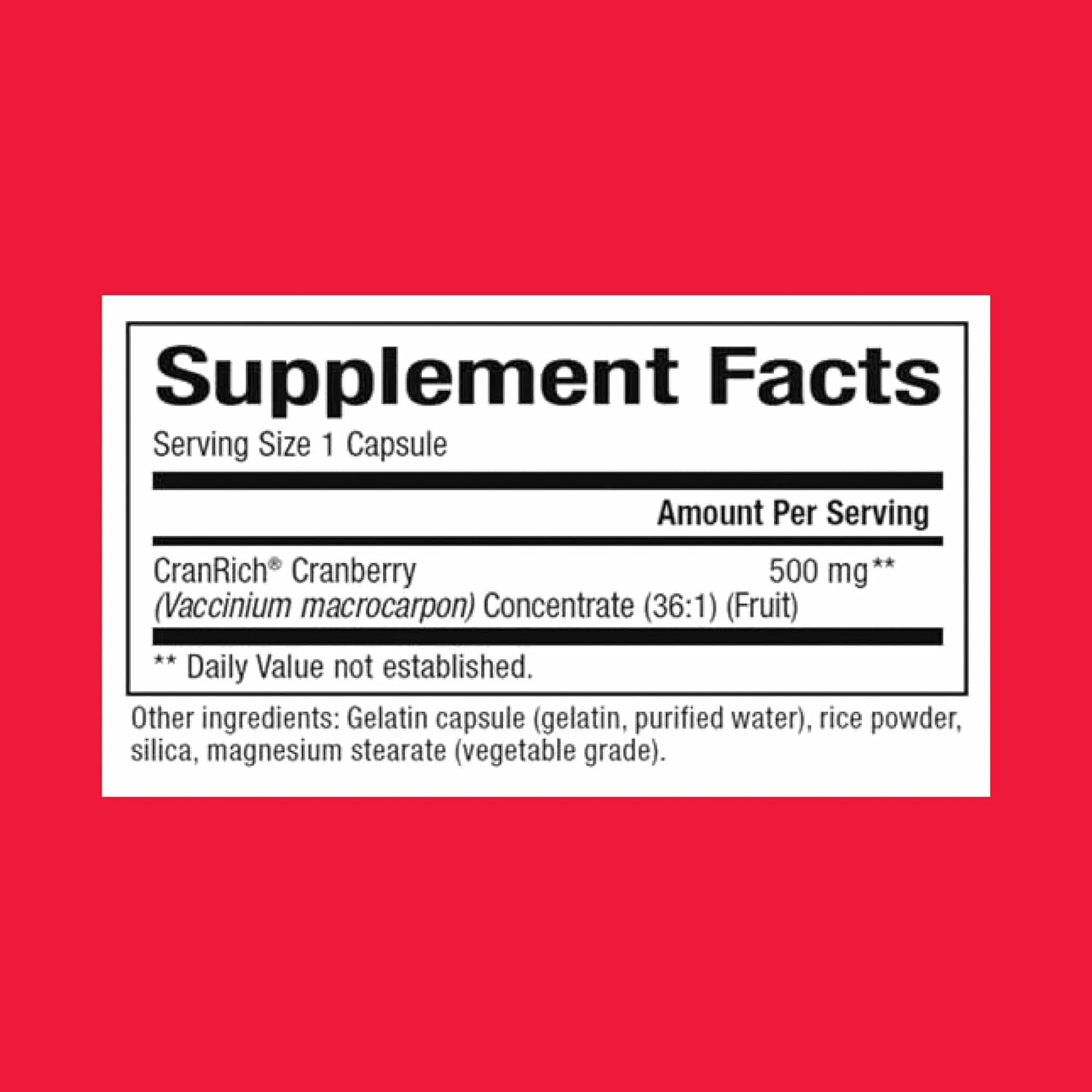 Natural Factors CranRich bottle label close-up showing 500 mg cranberry concentrate.