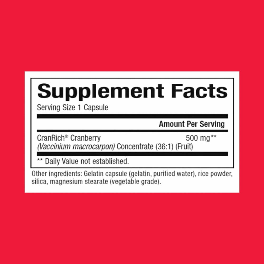 Natural Factors CranRich bottle label close-up showing 500 mg cranberry concentrate.