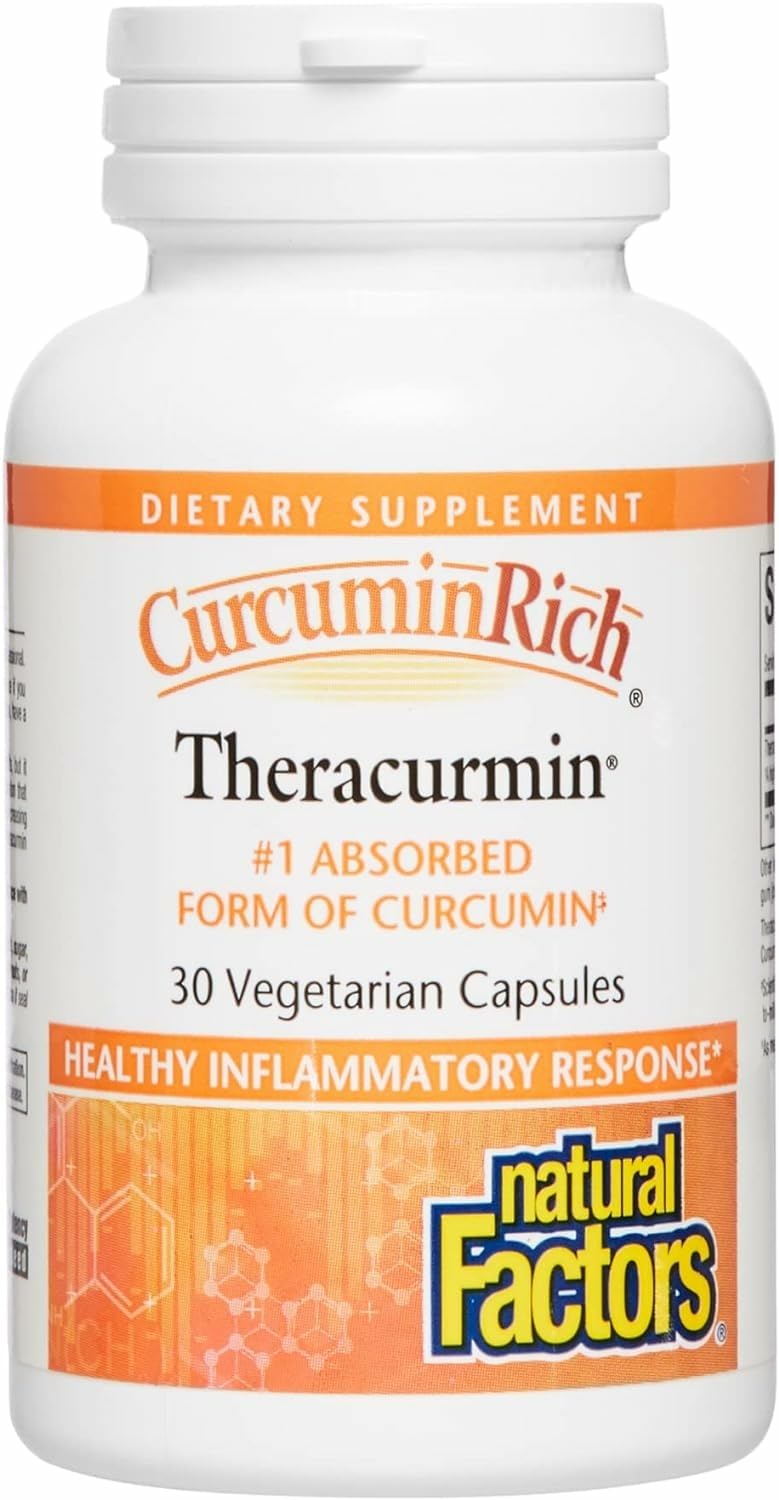 Natural Factors CurcuminRich Theracurmin bottle is shown for daily use and potent absorption.