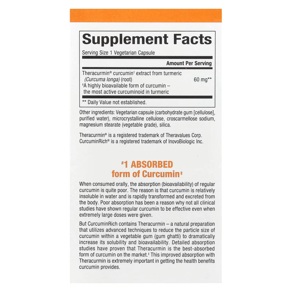 Natural Factors CurcuminRich Theracurmin capsules close-up showing double-strength formula