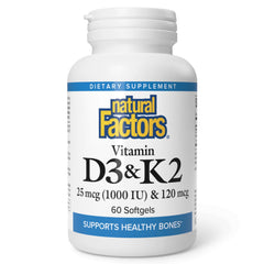 Natural Factors D3 K2 softgels bottle with dosage for bone support.