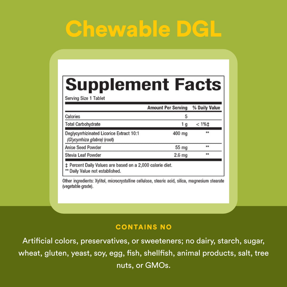 Natural Factors DGL Chewable tablets in hand illustrating easy to take before meals