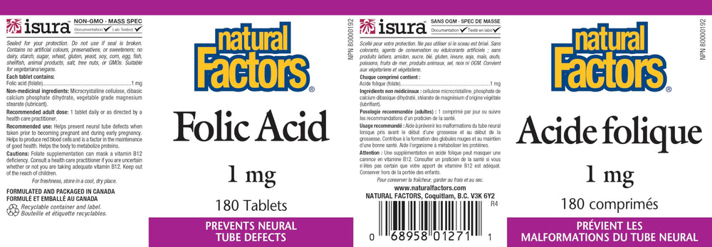 Natural Factors folic acid 180 tablets bottle, ideal for everyday wellness