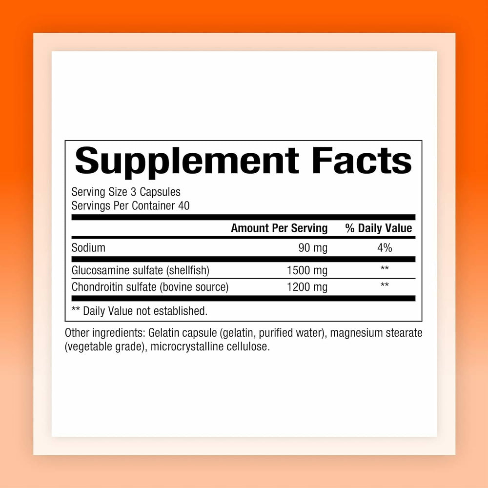 Natural Factors Glucosamine & Chondroitin ingredients label highlights potency and natural sourcing.