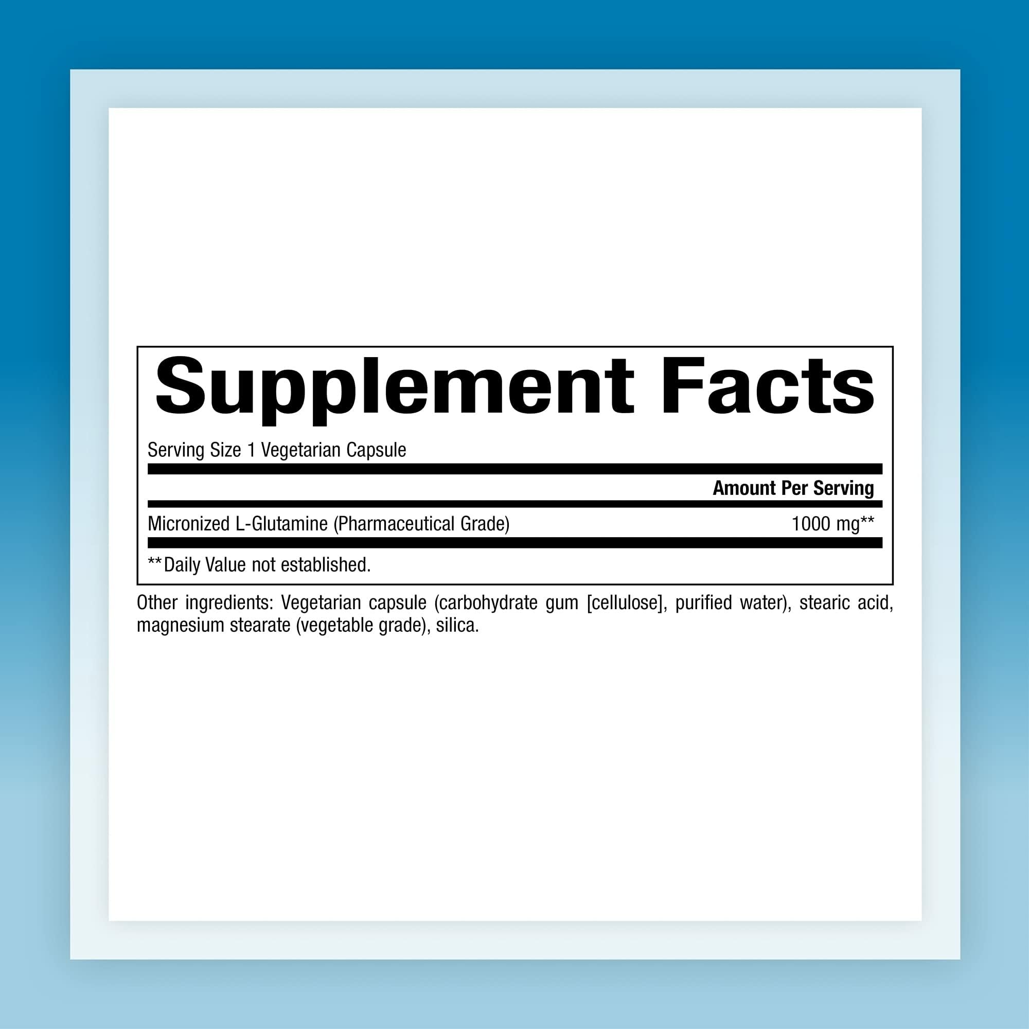Natural Factors Micronized L-Glutamine capsules close-up highlighting convenient daily dosing