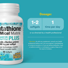 Natural Factors Glutathione Lipomicel Matrix bottle label detailing ingredients and purity.