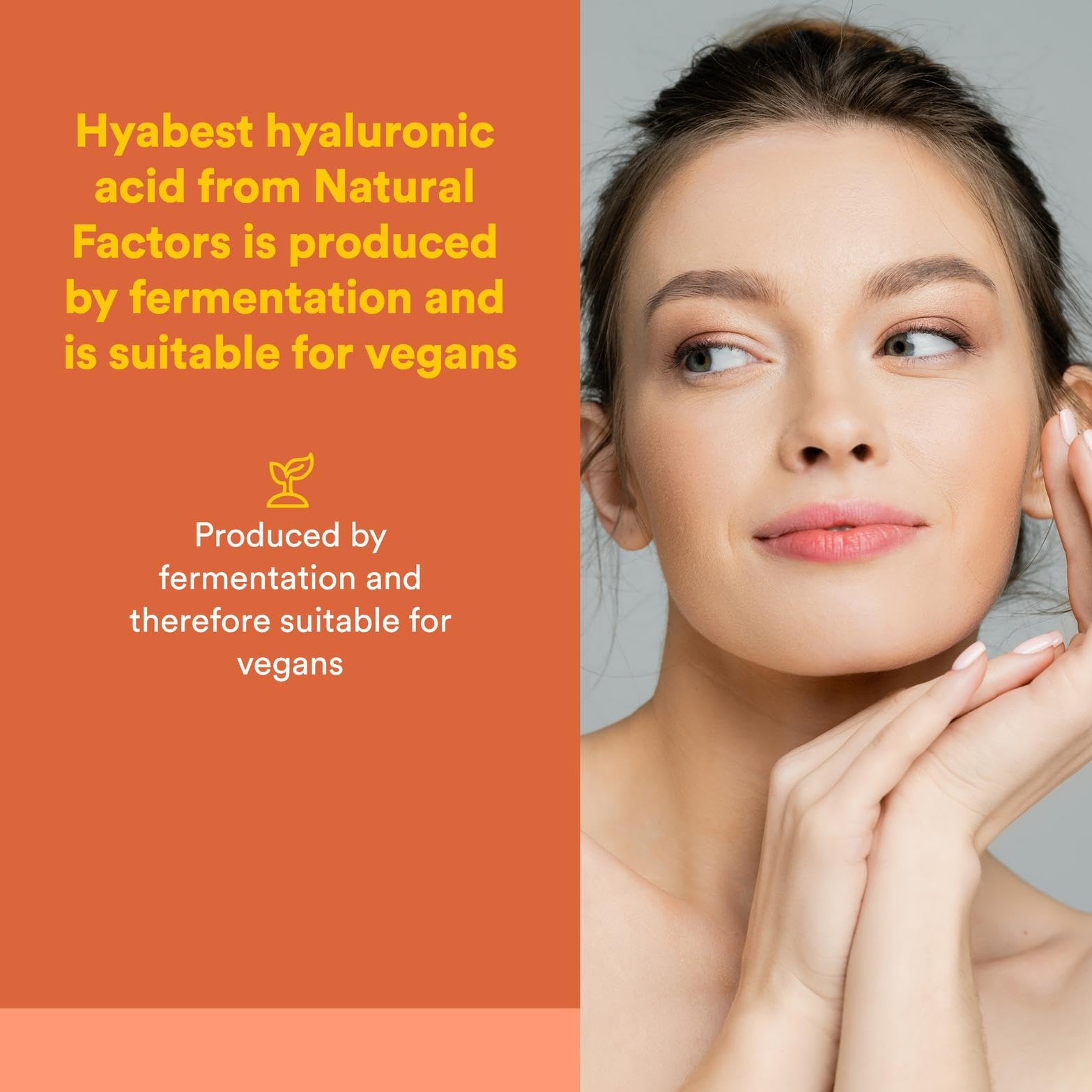 Natural Factors Hyabest bottle close-up; vegan fermentation supports ethical production.