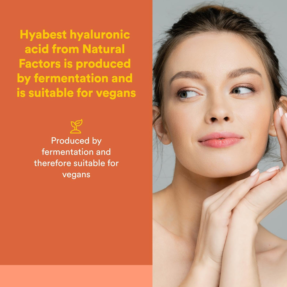 Natural Factors Hyabest bottle close-up; vegan fermentation supports ethical production.